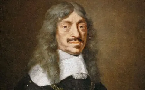 Portret króla polskiego Jana Kazimierza, który walczył z potopem szwedzkim. Długie włosy, wąsy i biały kołnierz.