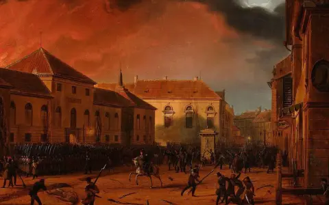 Scena bitwy, płonące budynki i żołnierze na koniach. Obraz symbolizuje przyczyny upadku powstania listopadowego, ukazując chaos i klęskę.