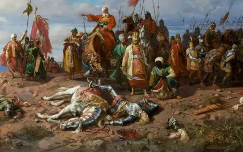 Chrzest Warneńczyka obraz: zwycięska armia polska po bitwie pod Warną, z królem Władysławem III na czele, triumfalnie wznosi sztandar.