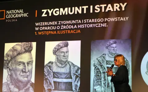 Portret Zygmunta Starego, jednego z królowie z dynastii jagiellonów, przedstawiony na ekranie.