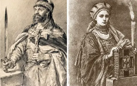 Król z mieczem i krzyżem, obok niego jego żona mieszka 1, z księgą i świecą.