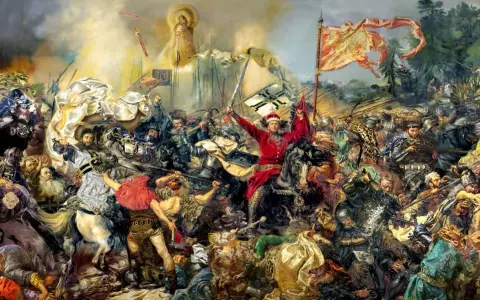 Obraz przedstawia zgiełk bitwy, z rycerzem w czerwieni na koniu, unoszącym miecz. W tle widać postać Matki Boskiej, sugerującą boską interwencję w tej największej bitwie średniowiecza.