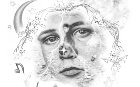 Surrealistyczny portret z elementami nawiązującymi do Yung Lean Polska: księżyc, gwiazdy, błyskawice, muzyka i małe postacie.