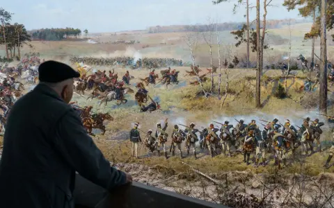 Widok na bitwę z obrazu "Panorama Racławicka", namalowanego przez Jana Styke i Wojciecha Kossaka.