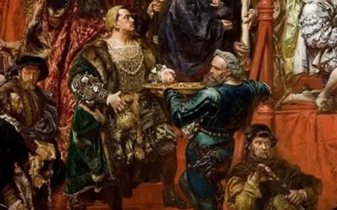 Hołd pruski Matejki: Albrecht Hohenzollern klęka przed Zygmuntem I Starym. Bogate stroje i dramatyzm sceny.