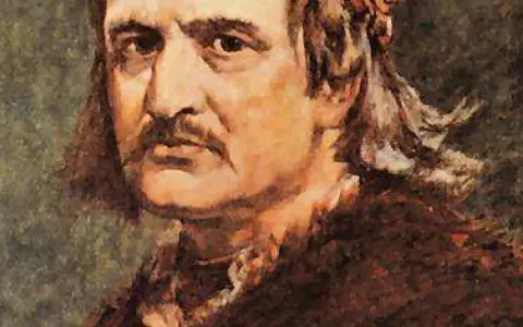 Portret króla Kazimierza Wielkiego, najdłużej panującego króla polskiego, z charakterystycznym wąsem i długimi włosami.