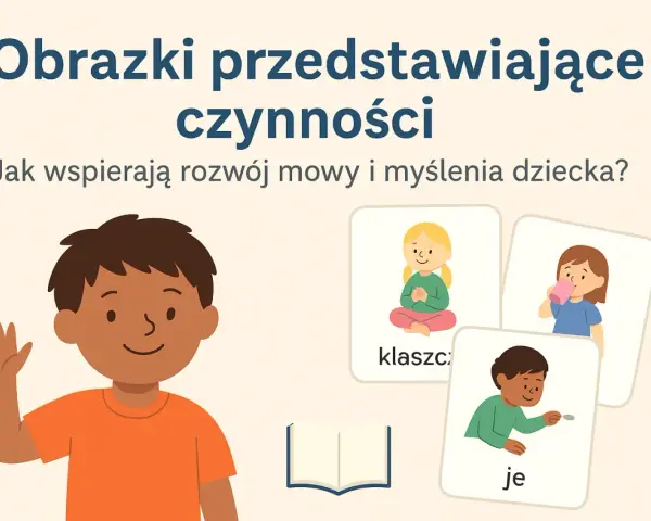 Ilustracje dla dzieci pokazujące czynności: dziewczynka medytuje, pije, chłopiec rzuca monetą. Pomagają w rozwoju mowy.