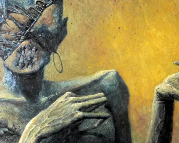 Mroczne, surrealistyczne dzieła Zdzisława Beksińskiego. Postać z bandażami na głowie i wykrzywionymi dłońmi na tle żółci.
