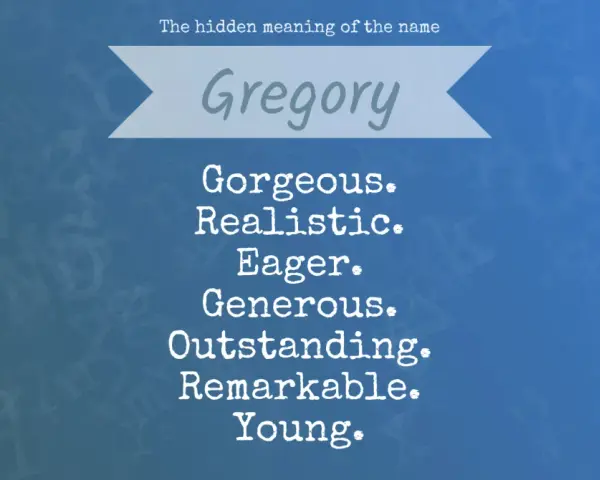 Grafika z napisem "Gregory" i listą cech: Gorgeous, Realistic, Eager, Generous, Outstanding, Remarkable, Young.
