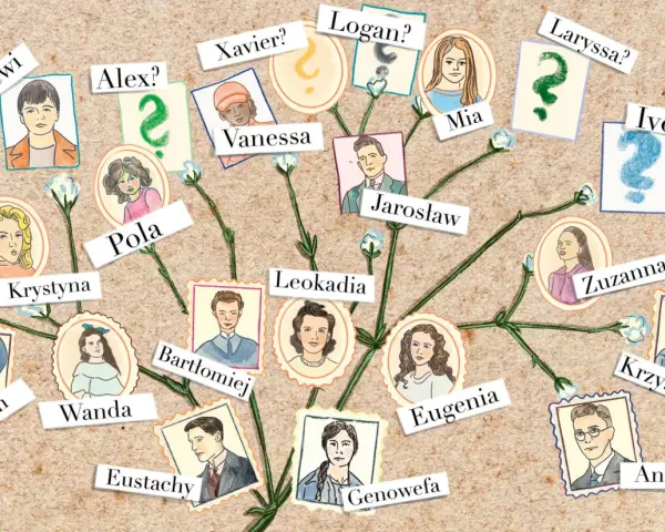 Drzewo genealogiczne z portretami osób. Zastanawiasz się, co oznacza imię Janusz? Może ktoś z tej rodziny je nosi?