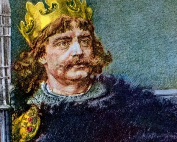 Portret Bolesława Chrobrego, pierwszego króla polskiego, w koronie i z berłem.