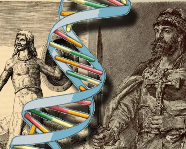 Czy wikingowie byli w Polsce? Grafika przedstawia starożytnych wojowników i spiralę DNA, sugerując badanie genetycznych śladów ich obecności.