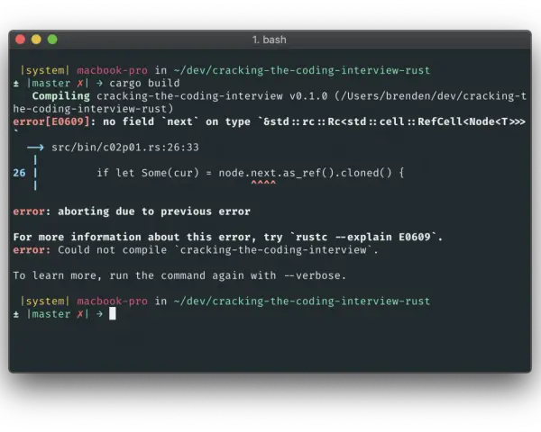 Błąd kompilacji Rust: "no field `next` on type". Co znaczy WTF? Komputer próbuje zbudować projekt, ale napotyka problem z brakiem pola `next`.