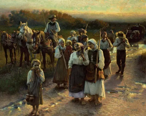 Grupa ludzi wraca z pola, niosąc narzędzia. Widać konie i wóz. Obraz przypomina czasy, kiedy zniesiono pańszczyznę w Polsce.
