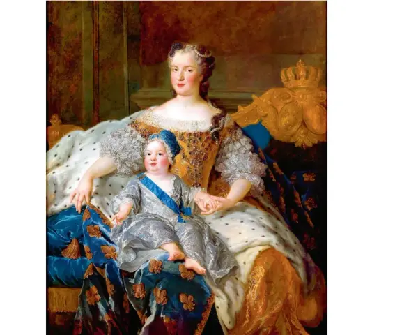 Królowa z dzieckiem, przyszłym Ludwikiem Ferdynandem de France, w bogatych szatach i koronach.