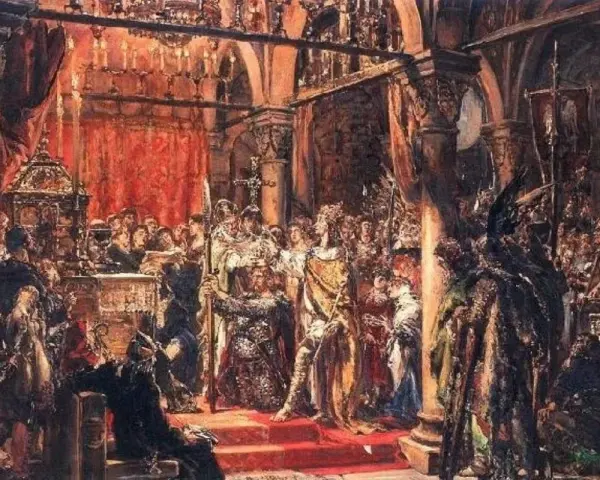 Uroczysta scena koronacji króla, być może w momencie, gdy zmarł Bolesław Chrobry, a tron obejmuje jego następca.