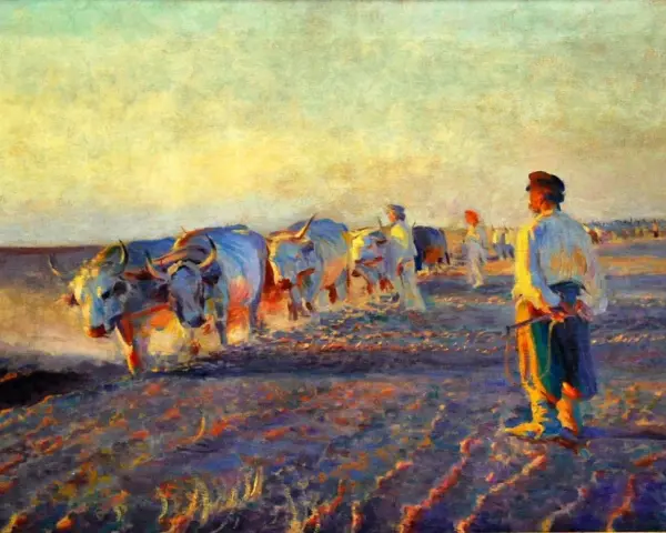 Leon Wyczółkowski, "Orka" – woły i oracz na tle zachodzącego słońca. Jedno z najważniejszych obrazów artysty.