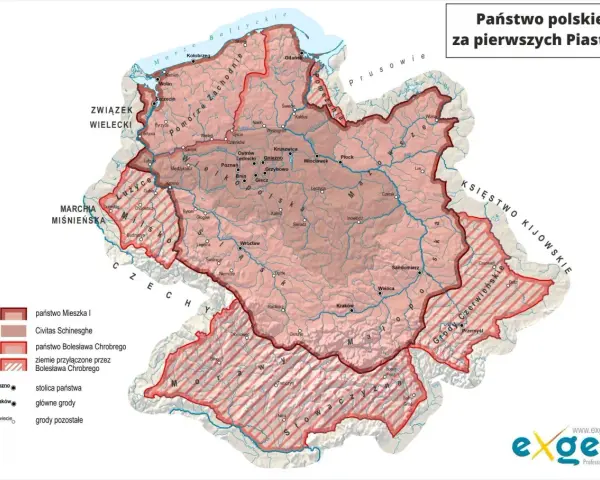 Mapa przedstawia, kiedy powstała Polska za pierwszych Piastów, ukazując państwo Mieszka I i Bolesława Chrobrego.