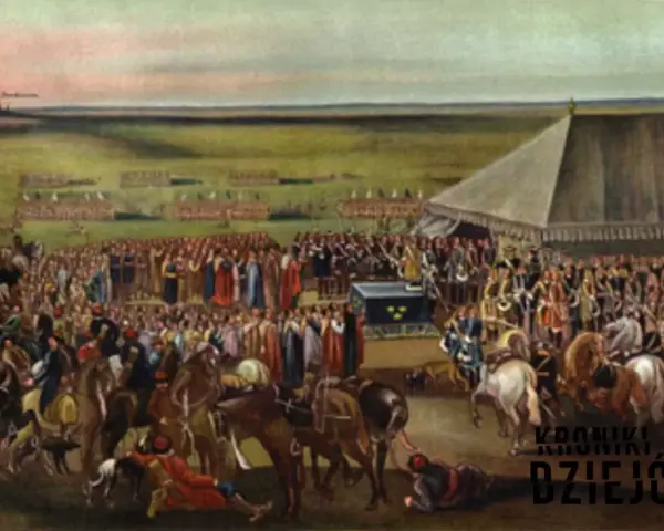 Obraz przedstawia scenę z potopu szwedzkiego, gdzie tłum ludzi i wojsko gromadzi się wokół namiotu. Ciekawe fakty o potopie szwedzkim.