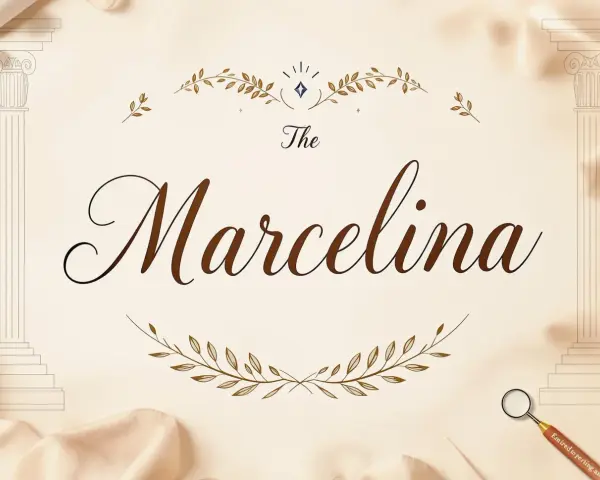 Eleganckie litery "The Marcelina" na jasnym tle, ozdobione gałązkami. Marcelina znaczenie imienia – odkryj jego piękno.