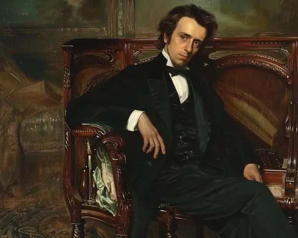 Portret Fryderyka Chopina, który inspiruje do poznania jego bogatego życiorysu. Kompozytor w eleganckim stroju siedzi na fotelu.