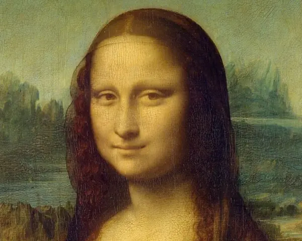 Portret Mony Lisy, arcydzieło o nieocenionej wartości artystycznej i historycznej, z tajemniczym uśmiechem na tle krajobrazu.