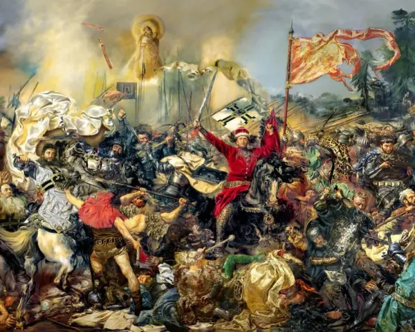 Obraz przedstawia zgiełk bitwy, z rycerzem w czerwieni na koniu, unoszącym miecz. W tle widać postać Matki Boskiej, sugerującą boską interwencję w tej największej bitwie średniowiecza.