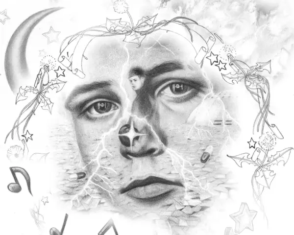 Surrealistyczny portret z elementami nawiązującymi do Yung Lean Polska: księżyc, gwiazdy, błyskawice, muzyka i małe postacie.