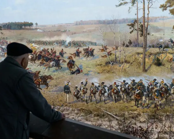 Widok na bitwę z obrazu "Panorama Racławicka", namalowanego przez Jana Styke i Wojciecha Kossaka.