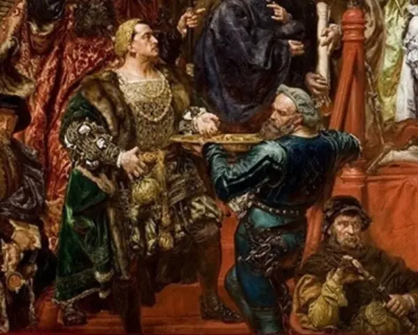 Hołd pruski Matejki: Albrecht Hohenzollern klęka przed Zygmuntem I Starym. Bogate stroje i dramatyzm sceny.