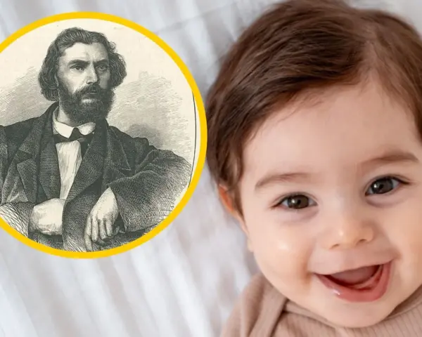 Uśmiechnięte dziecko obok portretu mężczyzny. Czy to zapowiedź, że Roman znaczenie imienia będzie miał silne?