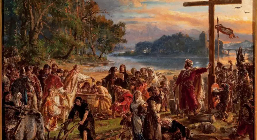 Chrzest Mieszka I. Obraz Jana Matejki. W tle widać wodza, który przypomina, kim był Chlodwig, pierwszy król Franków, który przyjął chrzest.