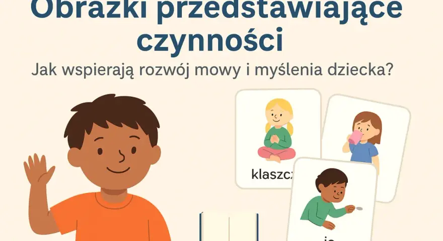 Ilustracje dla dzieci pokazujące czynności: dziewczynka medytuje, pije, chłopiec rzuca monetą. Pomagają w rozwoju mowy.