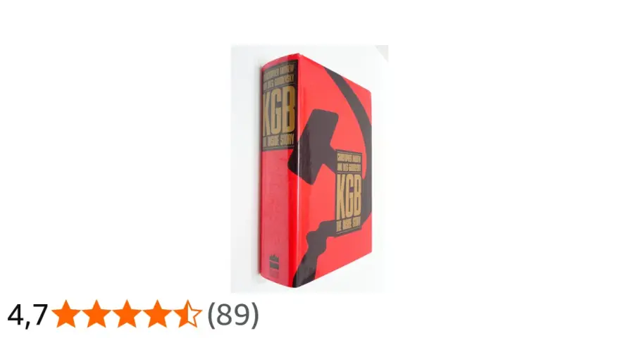 Książka "KGB: The Inside Story" Christophera Andrew i Olega Gordijewskiego, czerwona okładka z sierpem i młotem.
