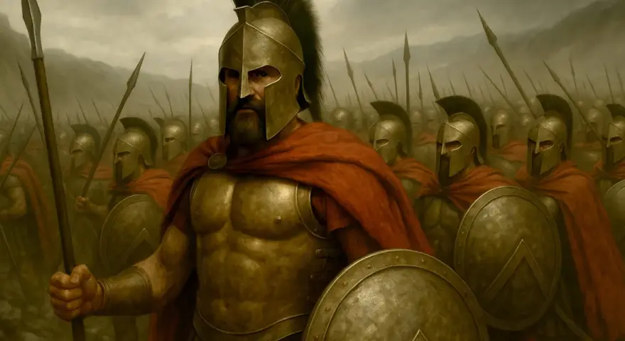 Leonidas, kto to? Król Sparty, w złotej zbroi, z tarczą i włócznią, prowadzi armię spartańskich wojowników.