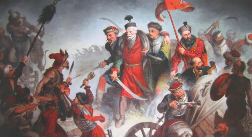 Bitwa pod Chocimiem 1621: Polacy z chorągwią zwyciężają. Dynamiczna scena walki, szable, broń palna, żołnierze w barwnych strojach.
