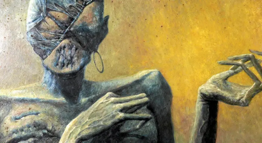 Mroczne, surrealistyczne dzieła Zdzisława Beksińskiego. Postać z bandażami na głowie i wykrzywionymi dłońmi na tle żółci.