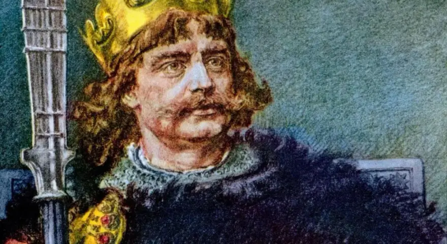 Portret Bolesława Chrobrego, pierwszego króla polskiego, w koronie i z berłem.