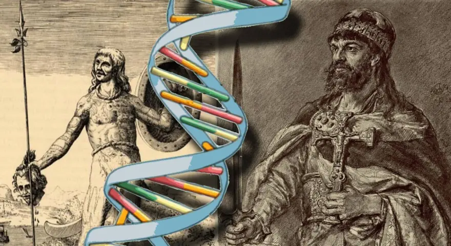 Czy wikingowie byli w Polsce? Grafika przedstawia starożytnych wojowników i spiralę DNA, sugerując badanie genetycznych śladów ich obecności.
