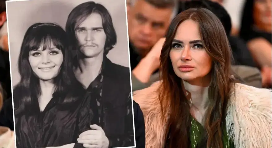 Ania Rusowicz z bratem na starym zdjęciu i współczesna Ania Rusowicz w futrzanym płaszczu.