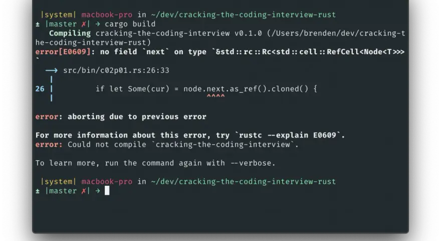 Błąd kompilacji Rust: "no field `next` on type". Co znaczy WTF? Komputer próbuje zbudować projekt, ale napotyka problem z brakiem pola `next`.