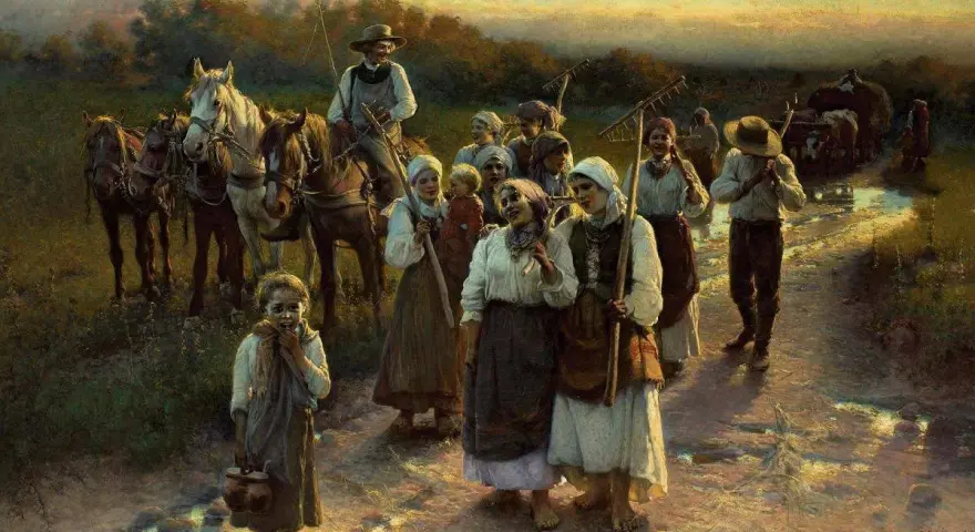 Grupa ludzi wraca z pola, niosąc narzędzia. Widać konie i wóz. Obraz przypomina czasy, kiedy zniesiono pańszczyznę w Polsce.