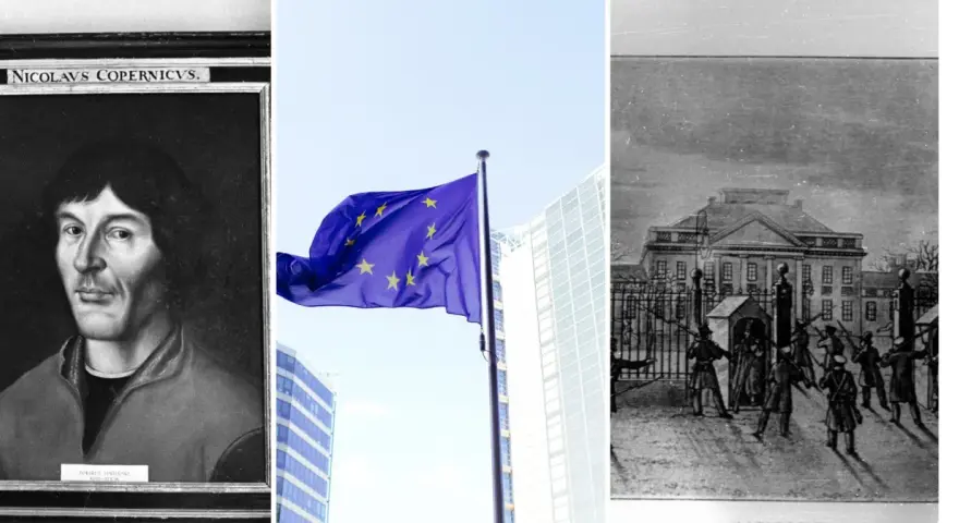 Portret Kopernika, flaga UE i historyczny rysunek ukazują bogatą historię Polski, od nauki po współczesność.