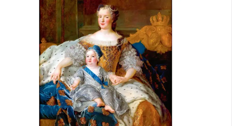 Królowa z dzieckiem, przyszłym Ludwikiem Ferdynandem de France, w bogatych szatach i koronach.