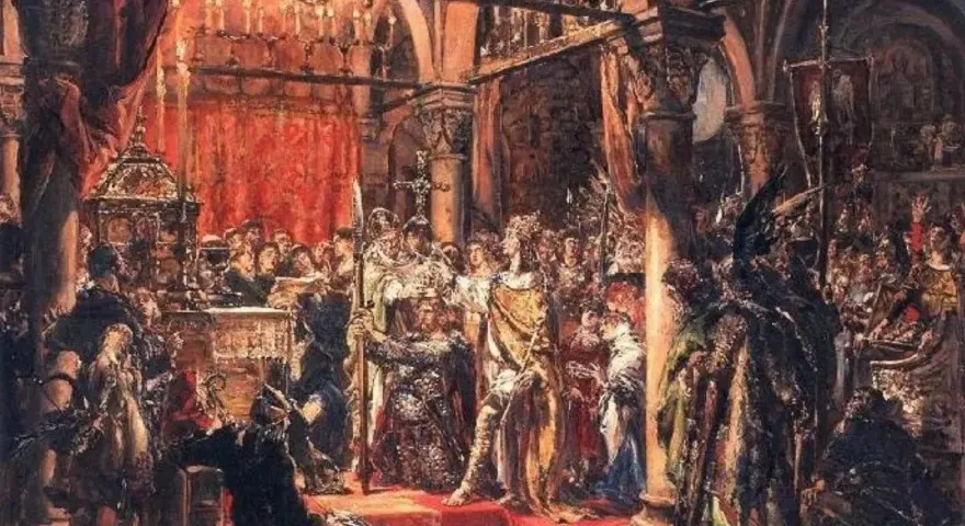 Uroczysta scena koronacji króla, być może w momencie, gdy zmarł Bolesław Chrobry, a tron obejmuje jego następca.