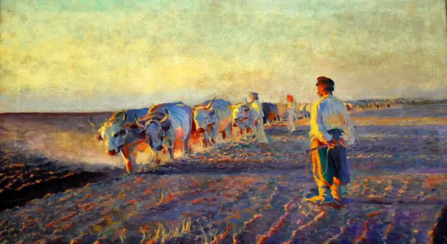 Leon Wyczółkowski, "Orka" – woły i oracz na tle zachodzącego słońca. Jedno z najważniejszych obrazów artysty.