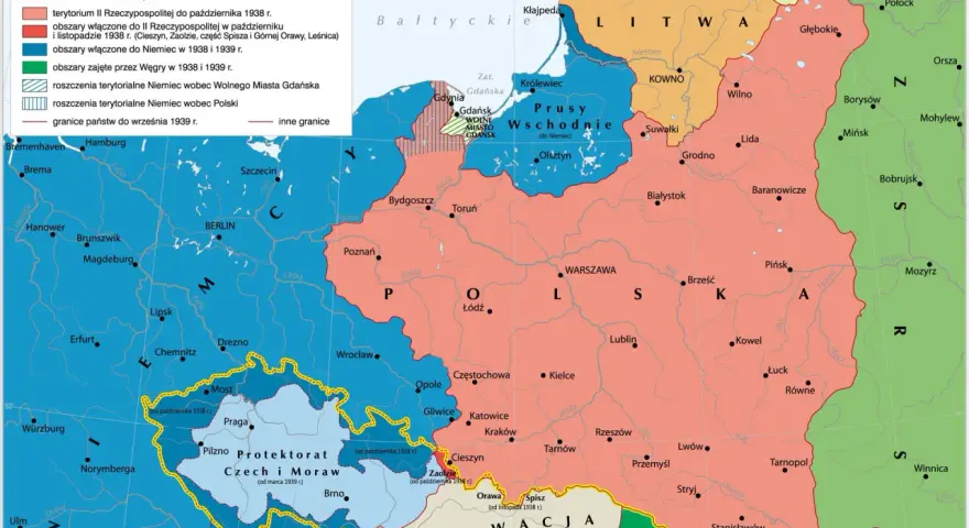 Mapa przedstawia **powierzchnię Polski w 1939** roku, ukazując tereny sporne między Polską, Niemcami i Czechosłowacją, w tym obszary zajęte przez Niemcy i Węgry.