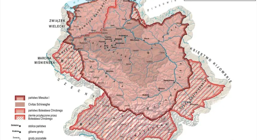 Mapa przedstawia, kiedy powstała Polska za pierwszych Piastów, ukazując państwo Mieszka I i Bolesława Chrobrego.
