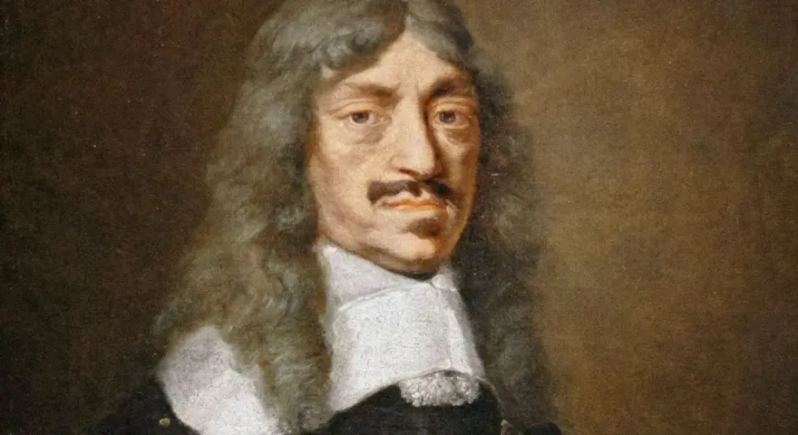 Portret króla polskiego Jana Kazimierza, który walczył z potopem szwedzkim. Długie włosy, wąsy i biały kołnierz.