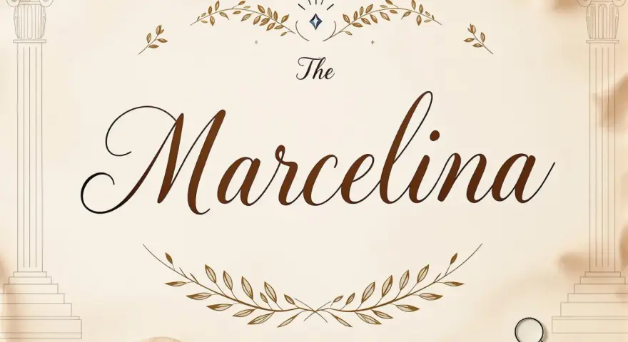 Eleganckie litery "The Marcelina" na jasnym tle, ozdobione gałązkami. Marcelina znaczenie imienia – odkryj jego piękno.